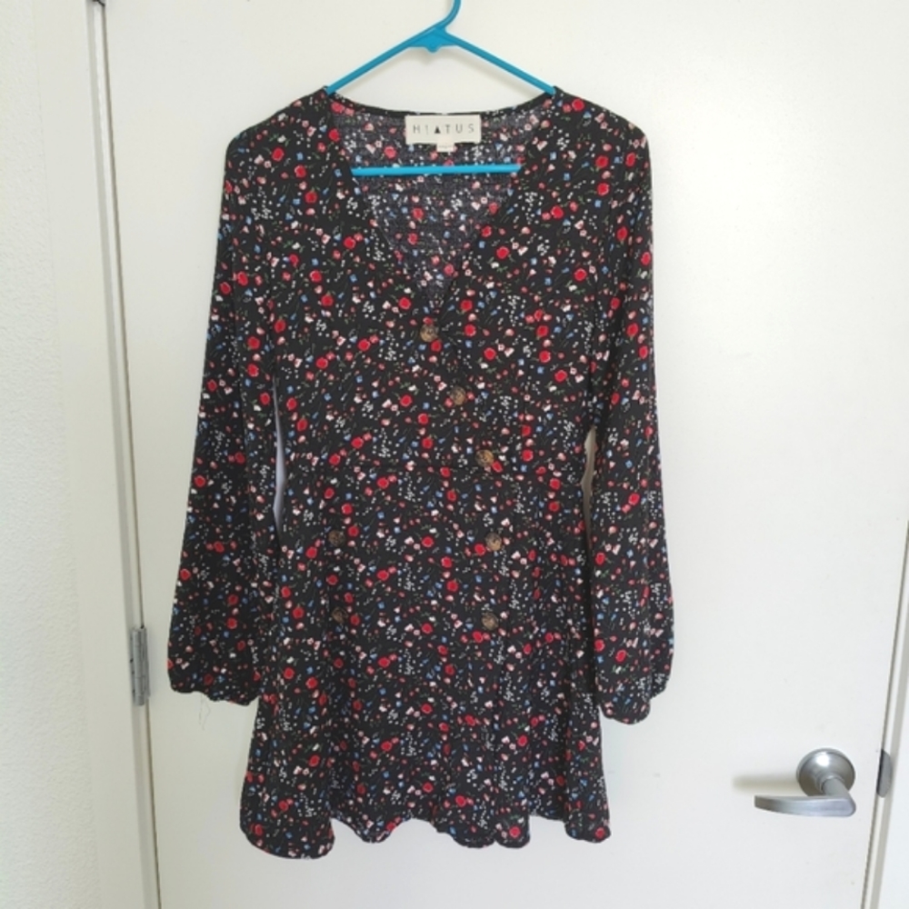 Hiatus Black Floral Print Puff Sleeve Button Surplice Faux Wrap Mini Dress